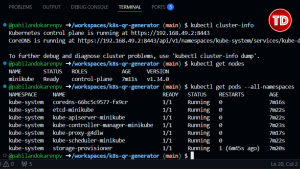 Terminal showing kubectl cluster-info and kubectl get nodes with one node in Ready status.