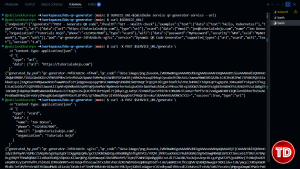 Terminal showing multiple curl requests returning JSON responses with different generated_by_pod values.