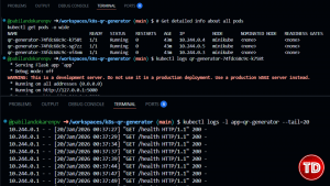 Terminal output showing Flask application logs streaming from Kubernetes pods.