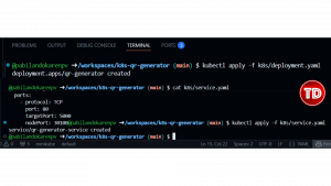 Terminal showing deployment.apps/qr-generator created and service/qr-generator-service created.