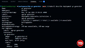 Terminal showing kubectl describe output with the Events section for pod creation and health checks.