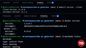Terminal output showing kubectl version, minikube status (host/kubelet/apiserver running), and Docker version.
