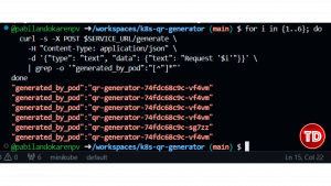 Terminal showing six requests distributed across two different pod names.