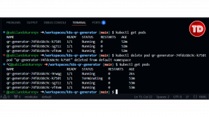 Terminal showing one pod Terminating while a new pod appears in ContainerCreating.