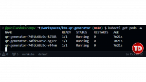 Terminal showing three pods changing from ContainerCreating to Running.
