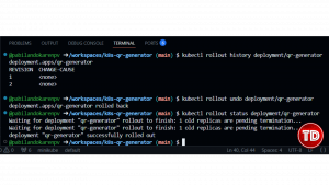 Terminal showing rollout history with two revisions and a successful rollback/undo.