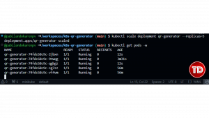 Terminal showing five pods after scaling, with new pods transitioning to Running.