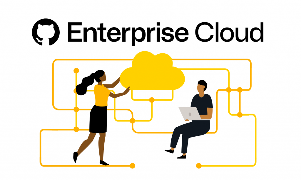 GitHub Enterprise Cloud illustration showing people connecting to a cloud network