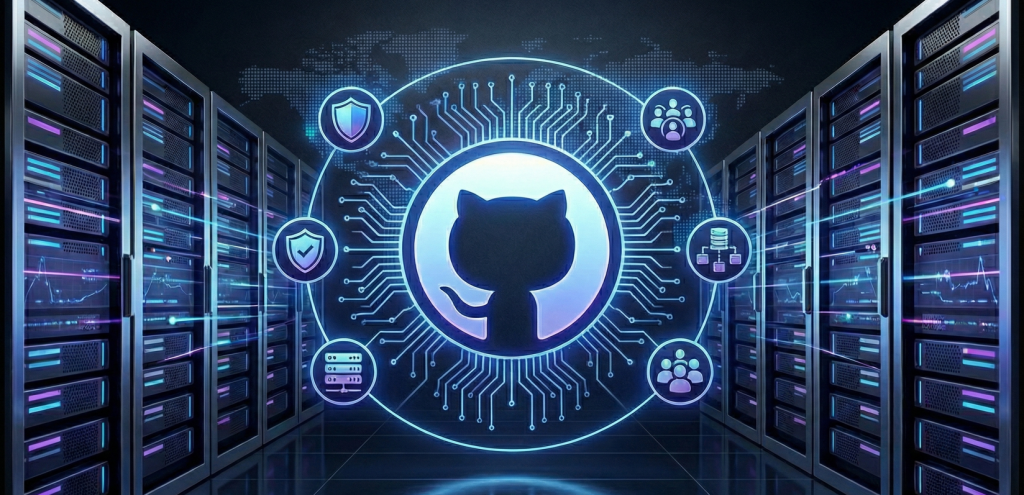 Glowing blue GitHub logo surrounded by network icons inside a modern server room.