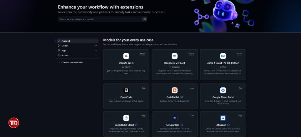 The GitHub Marketplace homepage displaying a grid of extensions, including various AI models and code tools.