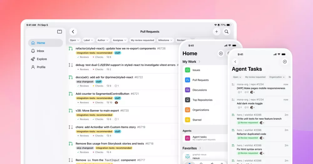 GitHub Mobile Screen Preveiew Showing App Features On Landscape and Portrait Orientation