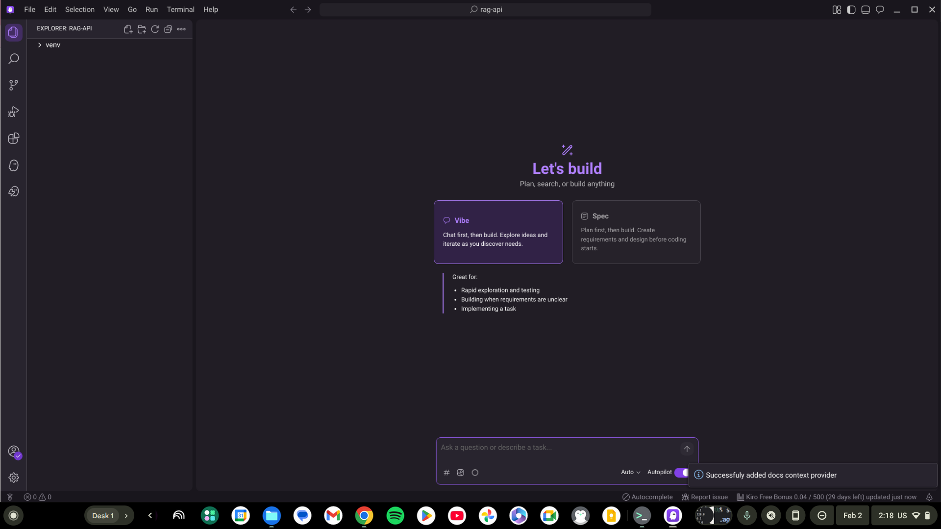 Kiro IDE showing project folder open with file explorer in left sidebar