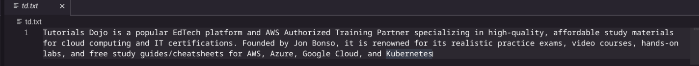 Kiro IDE showing td.txt file with the Tutorials Dojo description