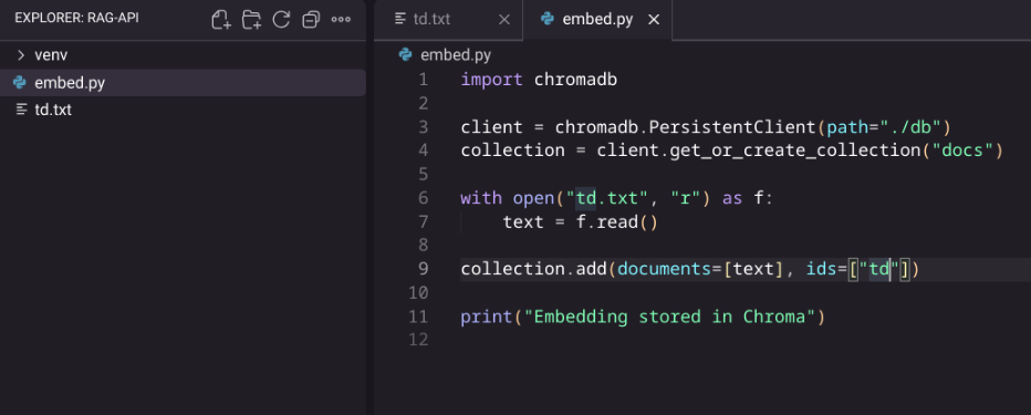 Kiro showing embed.py with Chroma code