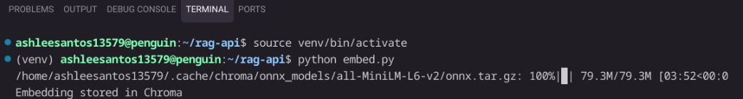 Terminal showing python embed.py command running