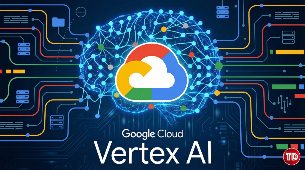 Google Cloud Vertex AI graphic featuring the Google Cloud logo inside a glowing blue neural network brain, surrounded by colorful digital circuit lines and data nodes