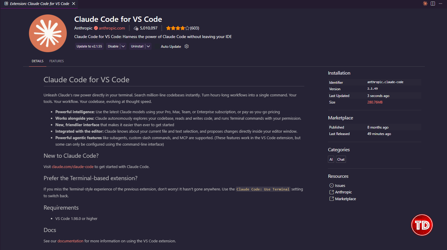 Screenshot of the extensions page of Claude Code in VS Code.