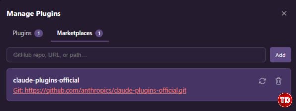 Screenshot of the Marketplaces tab of Manage Plugins of Claude Code.
