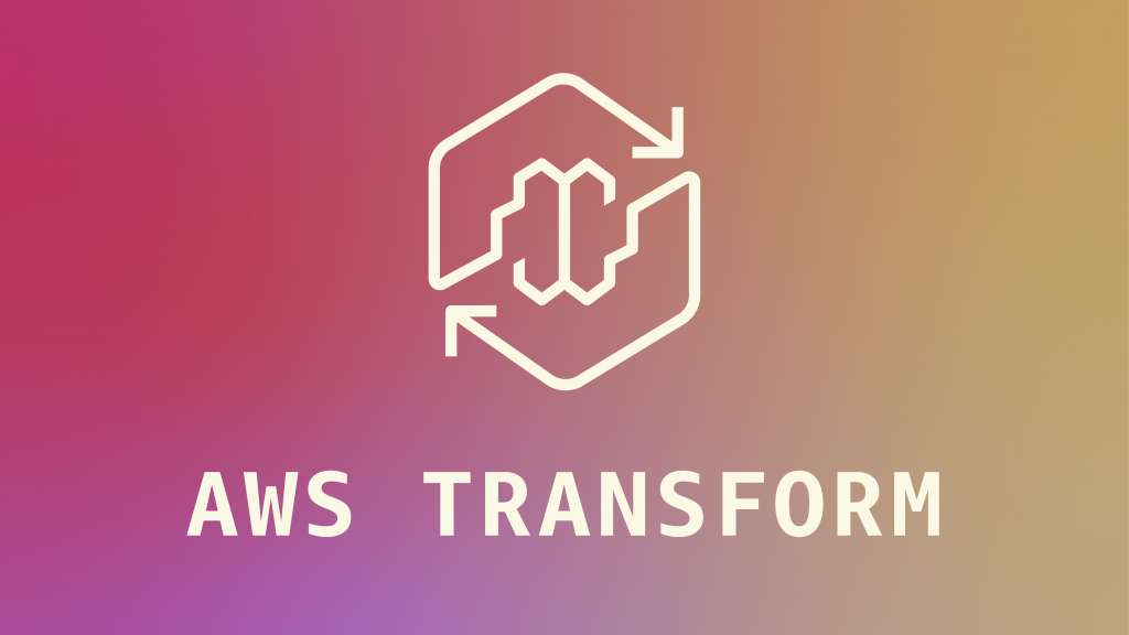 AWS Transform logo graphic featuring a stylized brain and cycle icon against a purple and gold gradient background