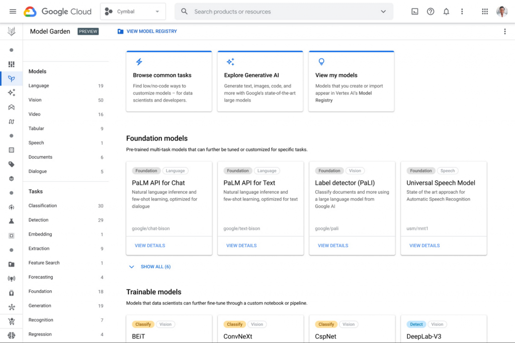 Google Cloud Vertex AI Model Garden interface showing various foundation and trainable models
