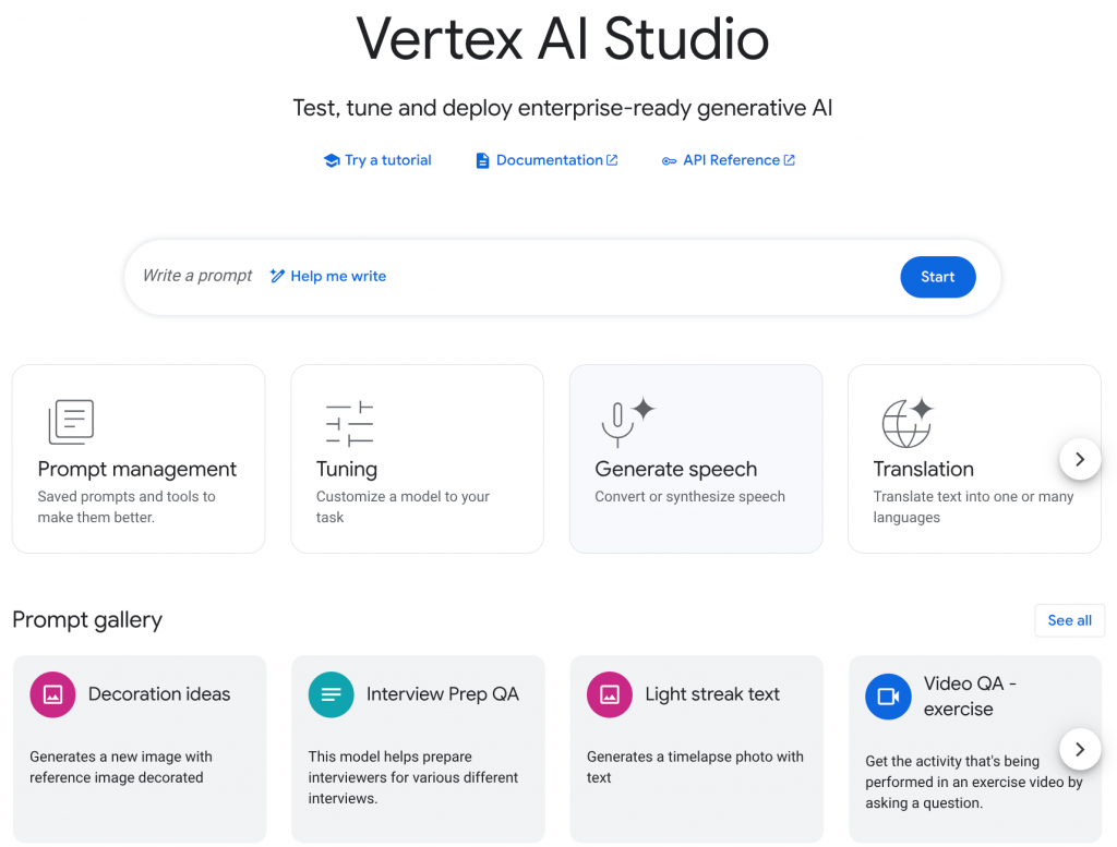 Vertex AI Studio dashboard interface for testing, tuning, and deploying generative AI models, featuring prompt management and translation tools