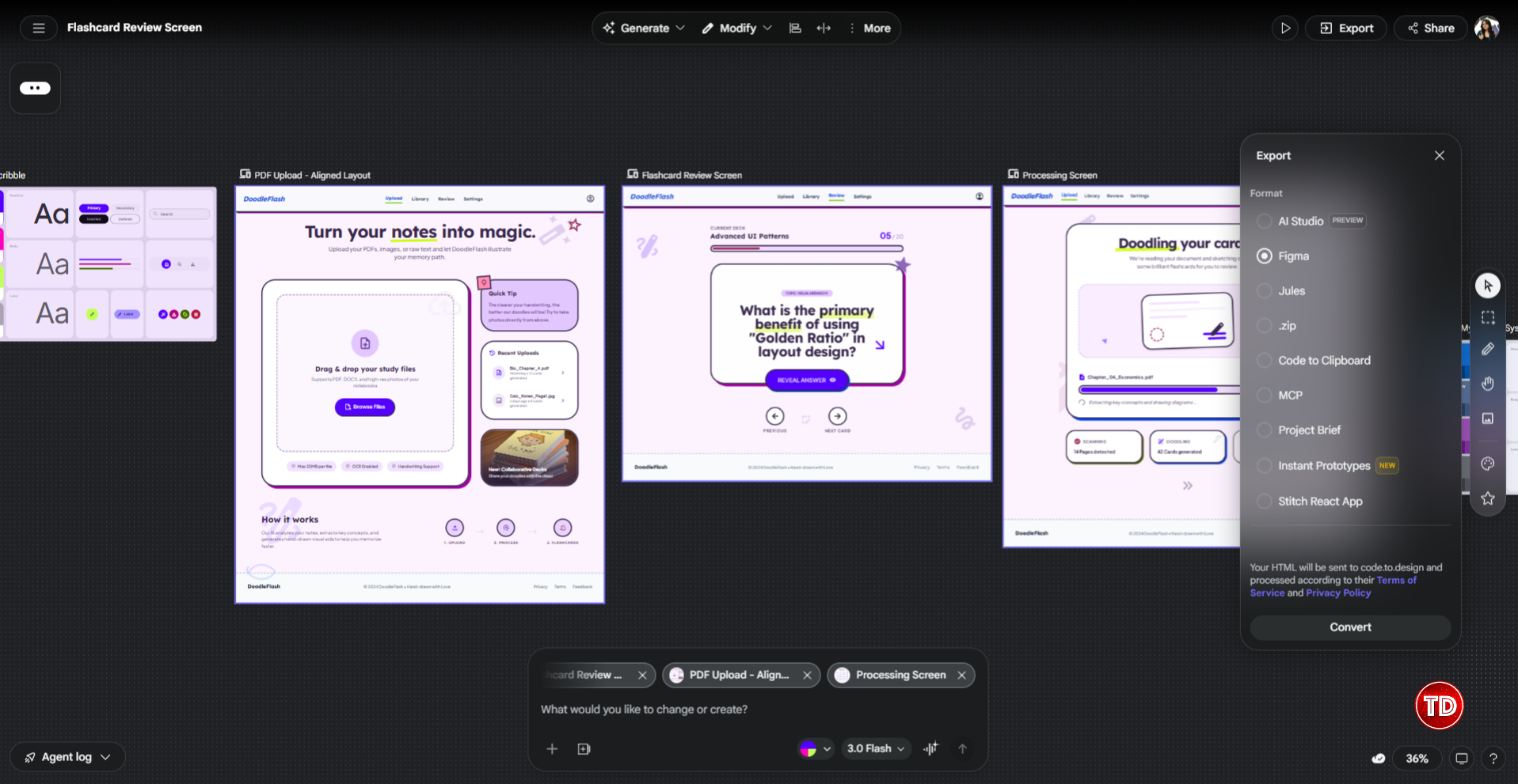 Export options of Google Stitch.