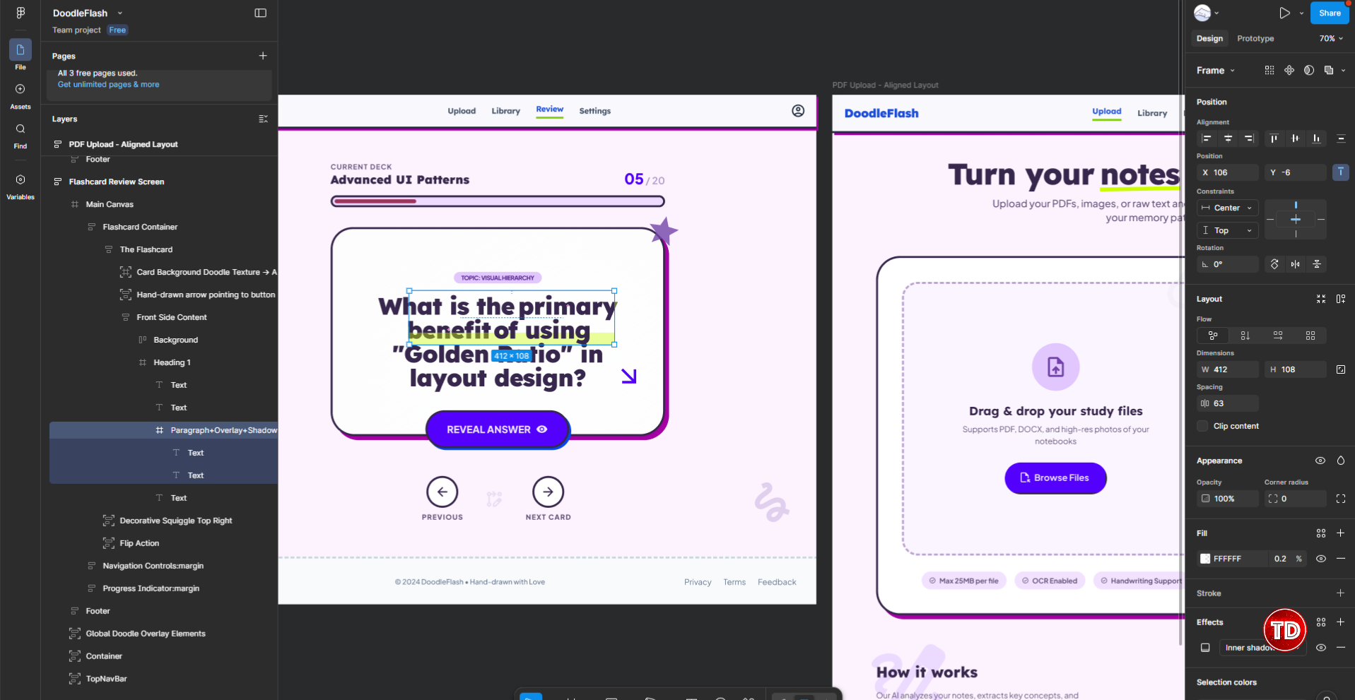 Exported Figma file of the notes-to-flashcard web app.