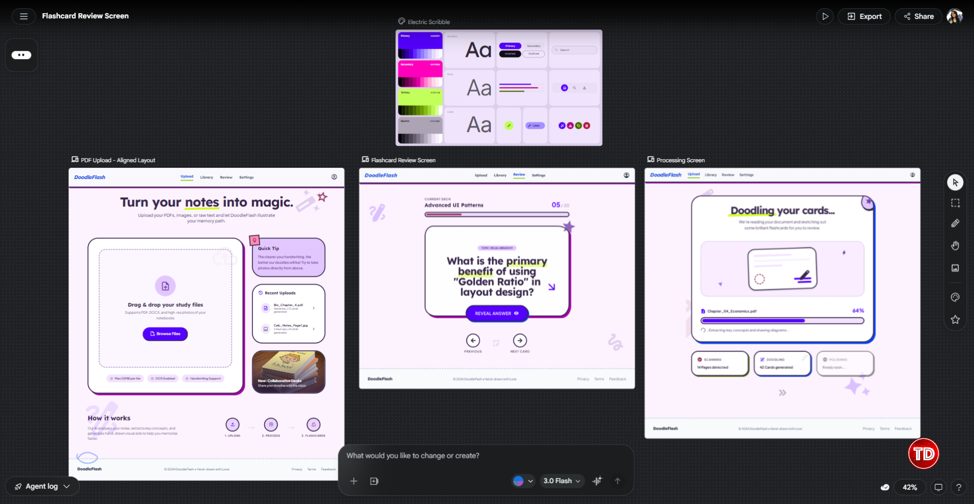 Final result of the notes-to-flashcard web app made by Google Stitch.