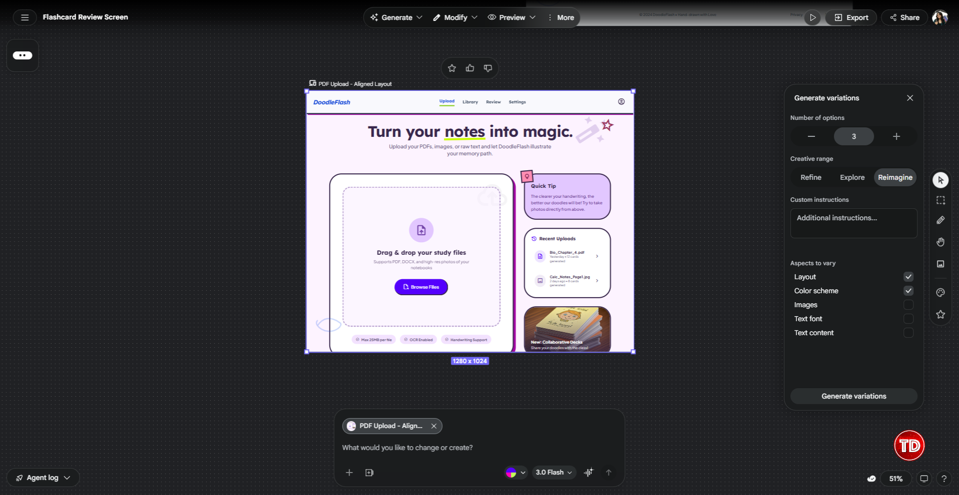 Screenshot of the Variations feature of Google Stitch.