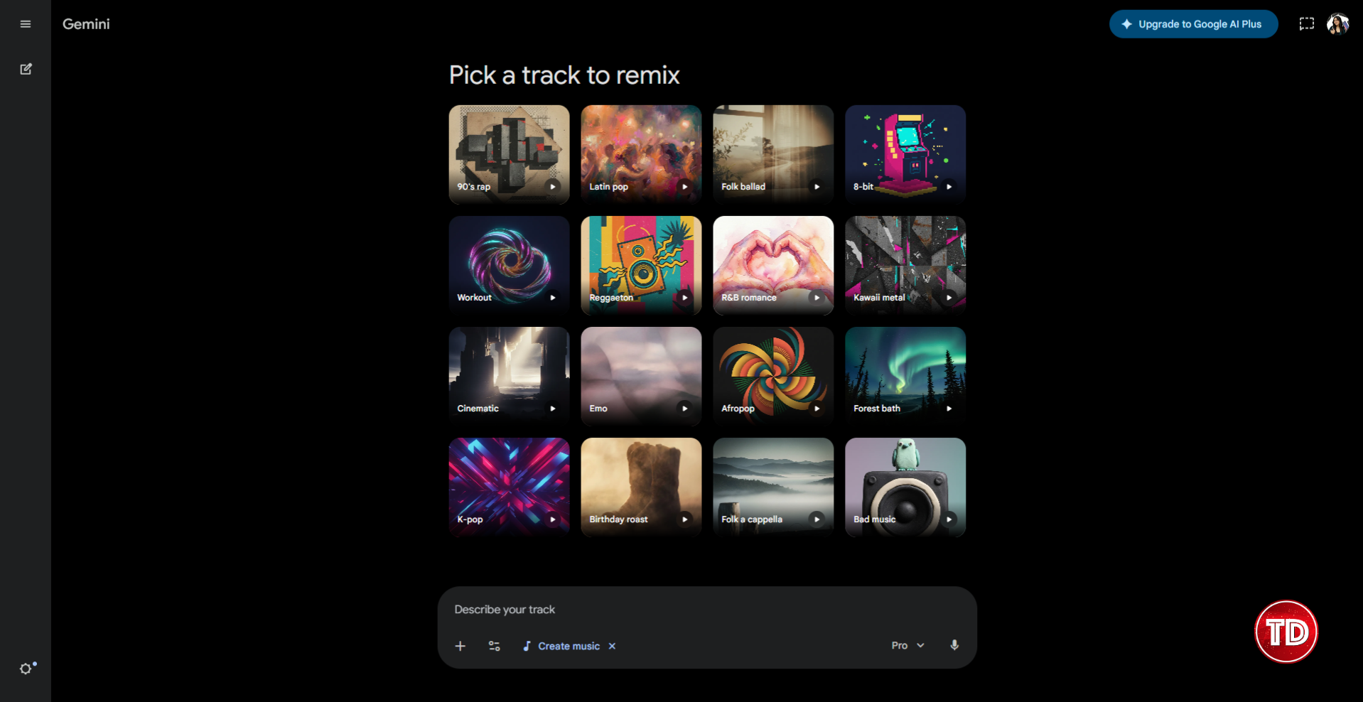 A screenshot of the track templates of Lyria 3.