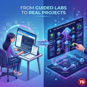 Azure PlayCloud Labs for beginners illustration showing transition from guided labs to real projects