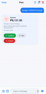 A mobile chat interface of Finsharc showing an AI-generated expense summary card for ₱8,151.00 under Fees & Charges, with details including a cooperative name and cash account, along with action buttons for Confirm, Edit, and Cancel.