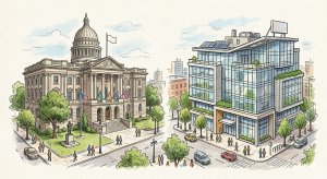 A watercolor illustration showing a neoclassical dome building alongside a modern glass office with solar panels and rooftop greenery, set on a busy city street.