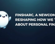 A dark blue promotional slide featuring a cute cartoon fish mascot on the left and bold text on the right reading “Finsharc, a newcomer reshaping how we think about personal finance,” with a Tutorials Dojo logo in the bottom-right corner.