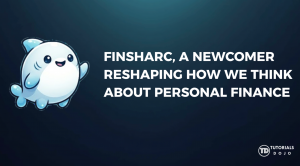 A dark blue promotional slide featuring a cute cartoon fish mascot on the left and bold text on the right reading “Finsharc, a newcomer reshaping how we think about personal finance,” with a Tutorials Dojo logo in the bottom-right corner.