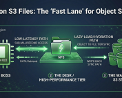 rchitecture diagram of Amazon S3 Files showing the data flow between Amazon EC2 (The Boss), EFS Cache (The Desk), and S3 Storage (The Warehouse) using Fast and Slow paths