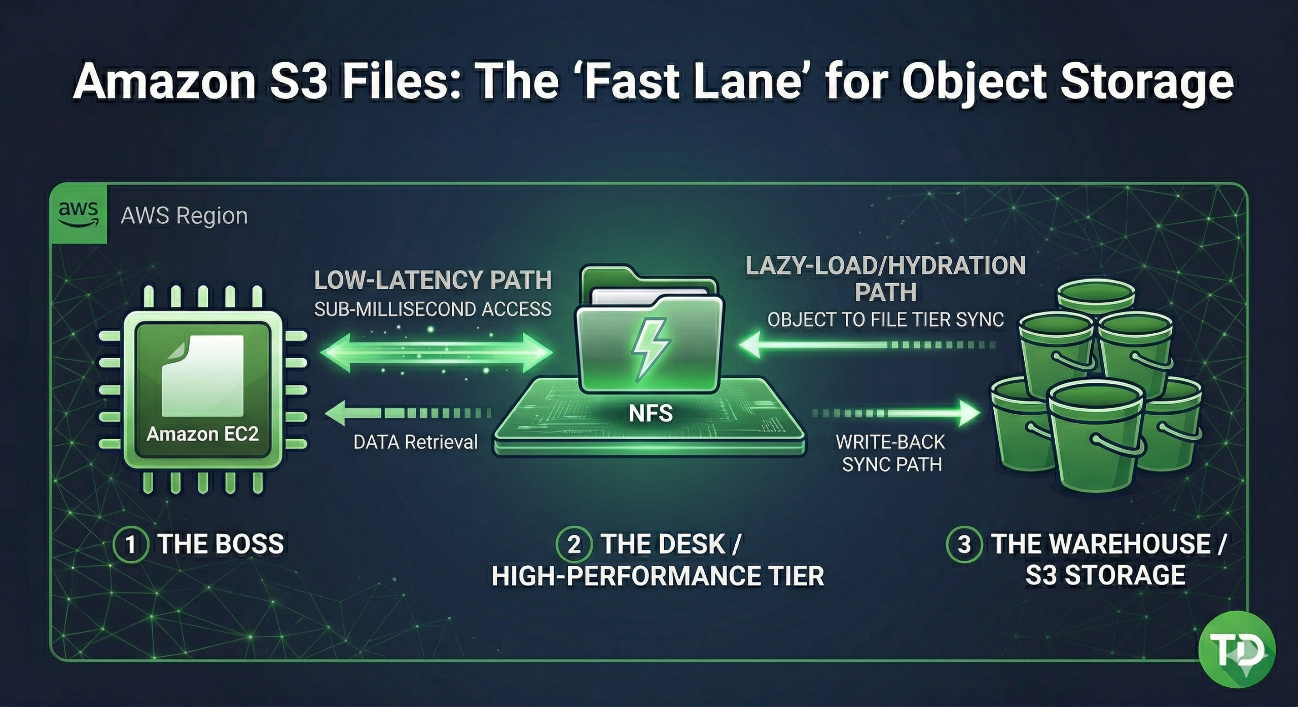 rchitecture diagram of Amazon S3 Files showing the data flow between Amazon EC2 (The Boss), EFS Cache (The Desk), and S3 Storage (The Warehouse) using Fast and Slow paths