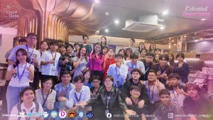 A large group photo of tech students and young professionals gathered indoors for the AWS Cloud Club - Celestia Supernova event. Around 40 participants are smiling, posing, and making hand gestures like peace signs and thumbs-up. The venue features modern lighting, warm wooden pillar accents, and a kitchen/lounge area in the background. The event branding "AWS Cloud Clubs Celestia" and "Celestial Supernova" is visible in the top corners, with partner logos and social media handles (AWS Cloud Club - Celestia and @awscloudclub_celestia) aligned along the bottom border.