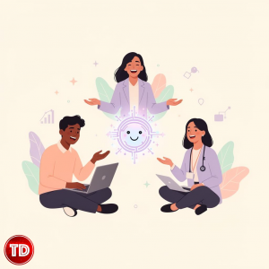 Diverse professionals collaborating around a friendly, glowing AI icon