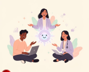 Diverse professionals collaborating around a friendly, glowing AI icon
