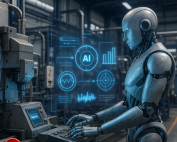 Humanoid robot working alongside industrial machines in a smart factory, with visual overlays representing AI decision-making and sensor data