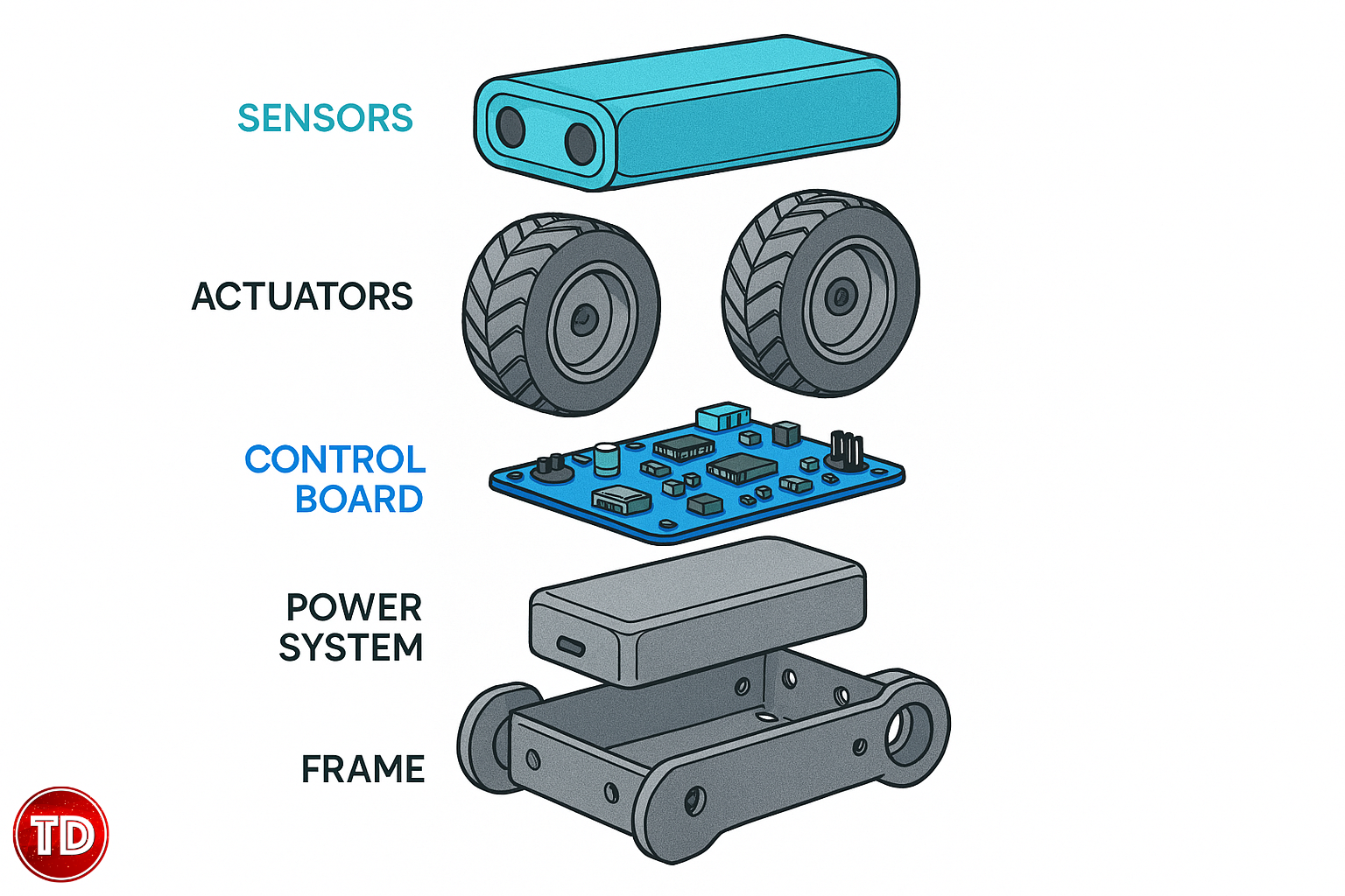 Exploded diagram of a robotic system showing components such as sensors, actuators, control board, power system, and structural frame