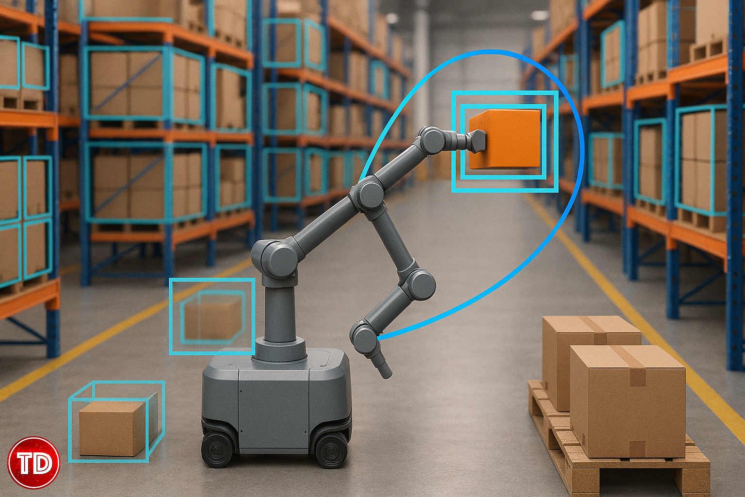 Autonomous warehouse robot using robotic arms to pick up boxes with AI-based object detection and motion planning overlays