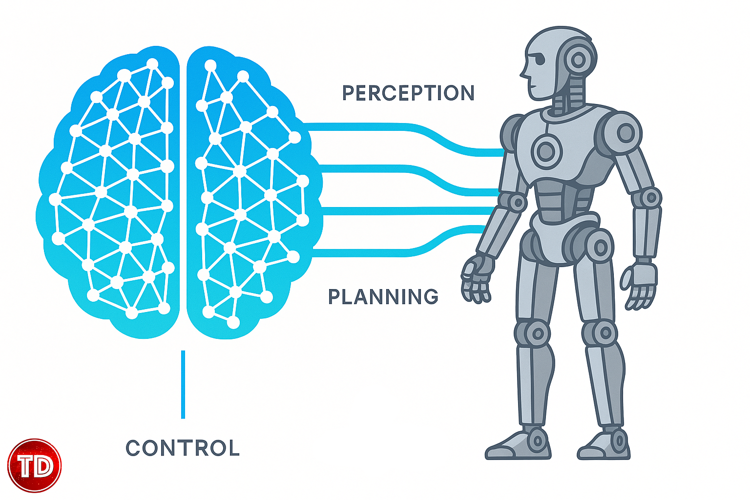 Diagram showing an AI neural network as the brain connected to a robotic body with sensors and actuators, illustrating the concept of Physical AI
