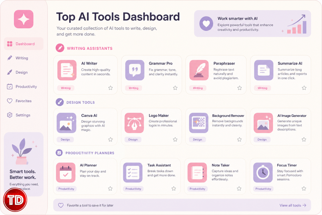 A clean dashboard layout displaying popular AI tools for non-technical users