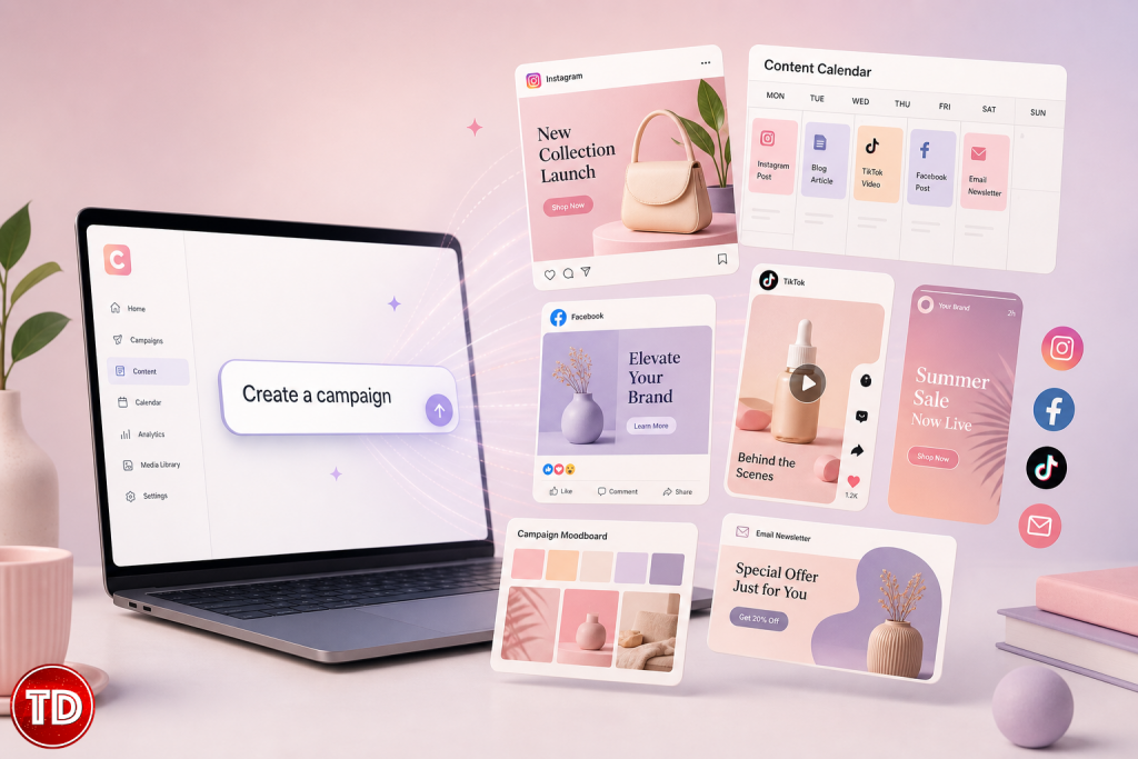 A laptop screen with floating pastel marketing templates and content calendars