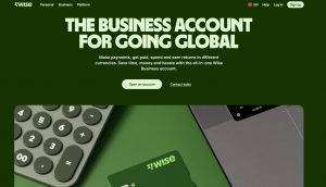 Wise Business account homepage showing multi-currency payments, business banking, and global money management tools.