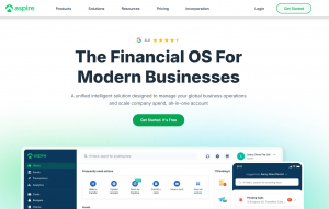Aspire homepage showing financial operating system features for business accounts, spend management, and company operations.