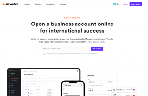 Airwallex homepage offering online business accounts, global payments, FX, transfers, and finance management tools.