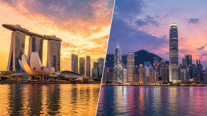Split skyline view of Singapore and Hong Kong for comparing company incorporation options in Asia.